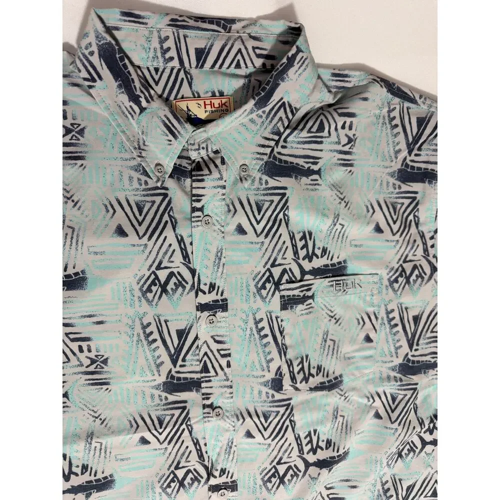 Huk White Blue Swordfish Stretch Button Up Shirt 2XL
